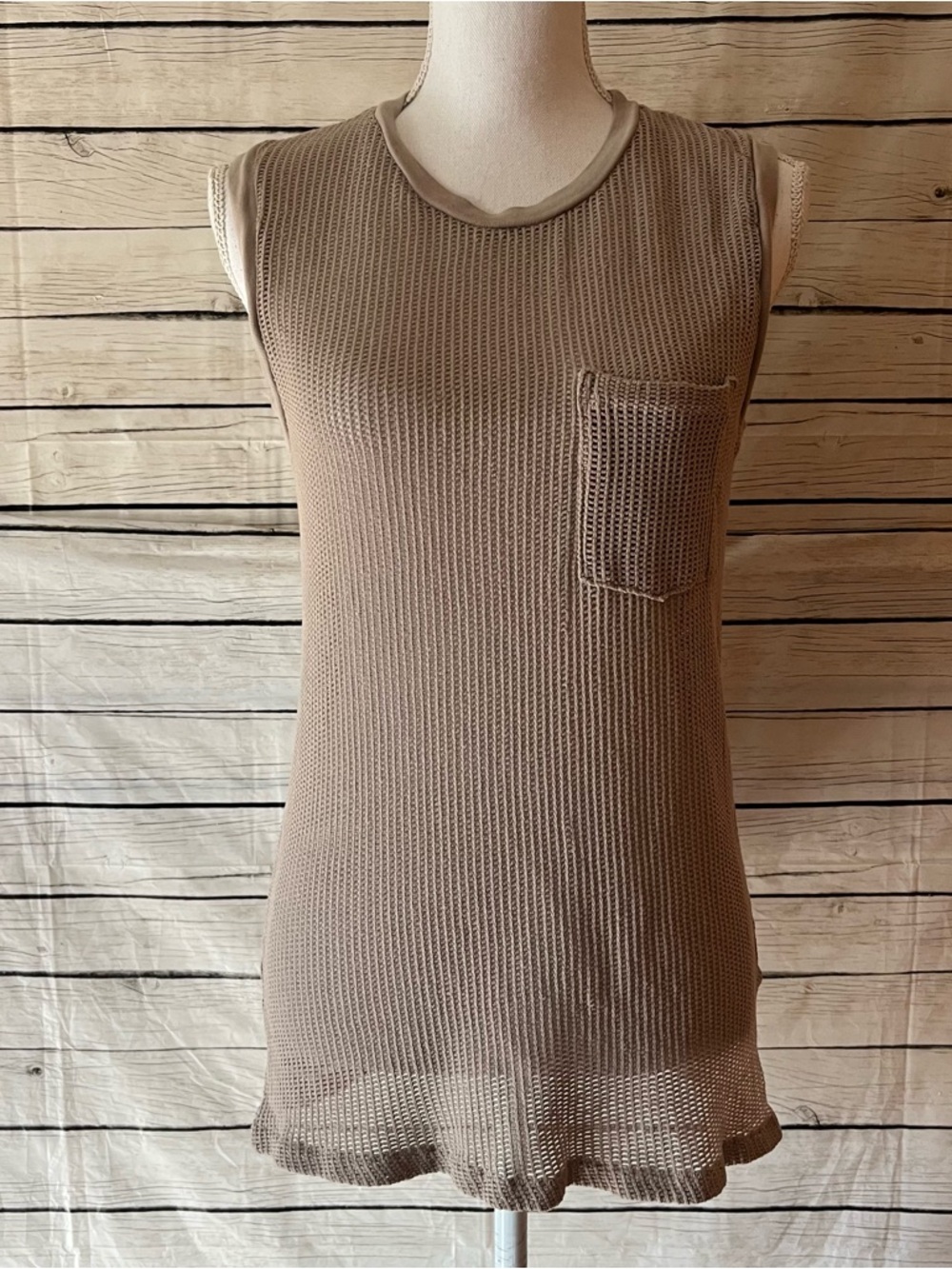 NSF Taupe Sleeveless Waffle Knit Oversized Tank with Pocket
